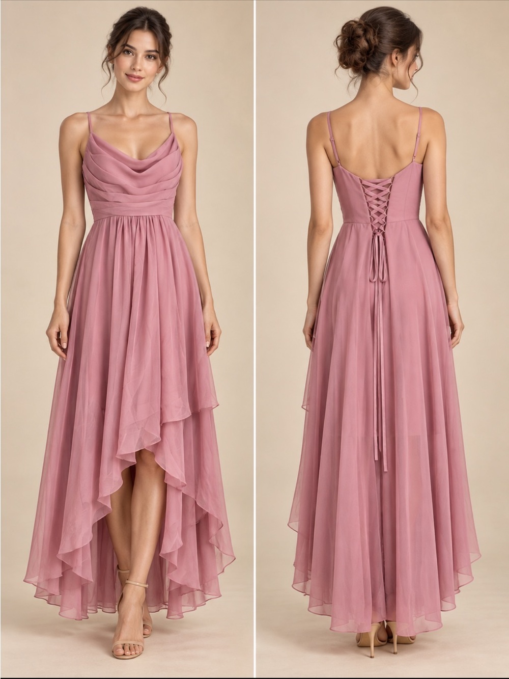 Satin Mauve High-Low Spaghetti-Strap Dress with Lace-Up Back
